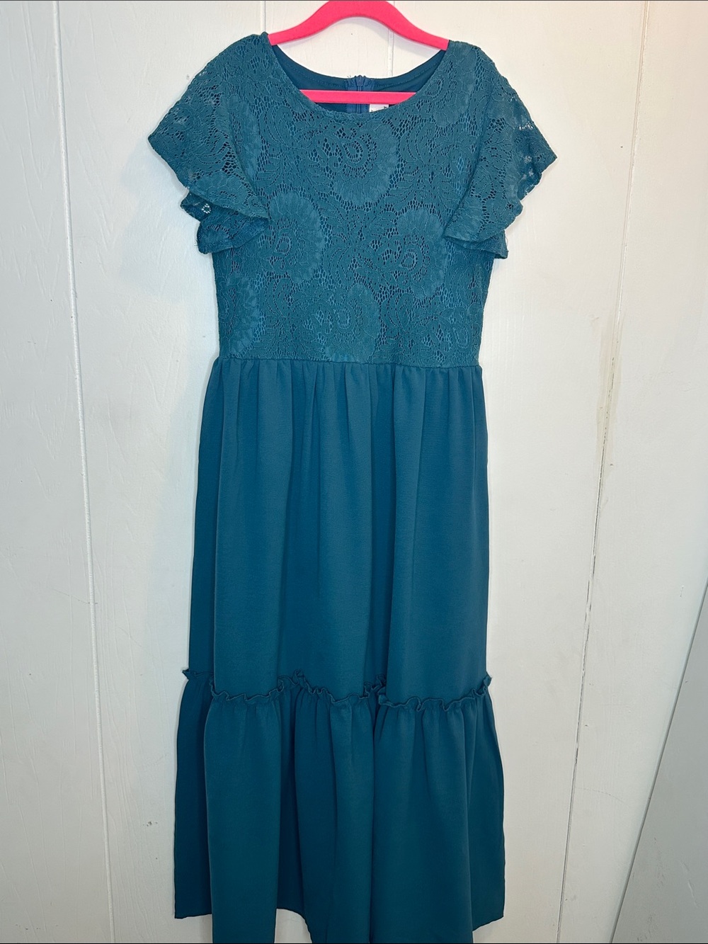 Girls Teal Lace-Top Tiered Formal Dress